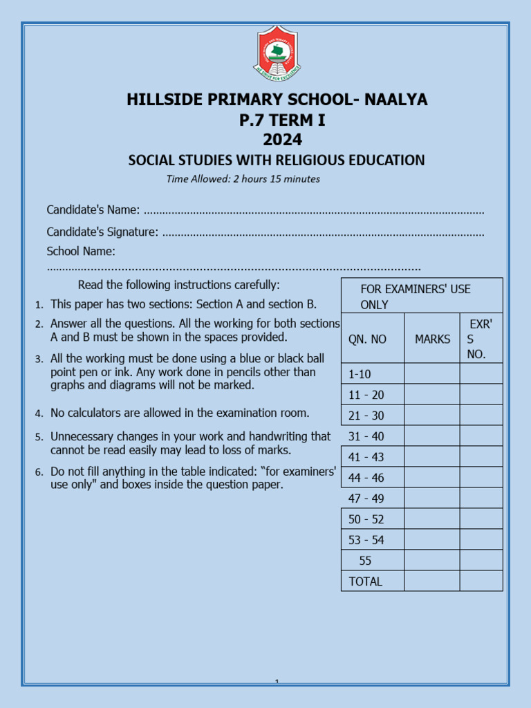 P7 SST Exam Paper Term 1 2024 | PDF | Eucharist | Abrahamic Religions