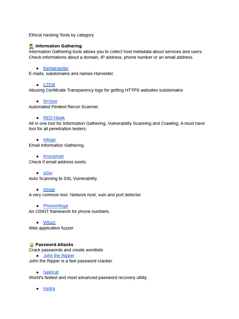 Ethical Hacking Tools Overview | PDF | Password | Computers