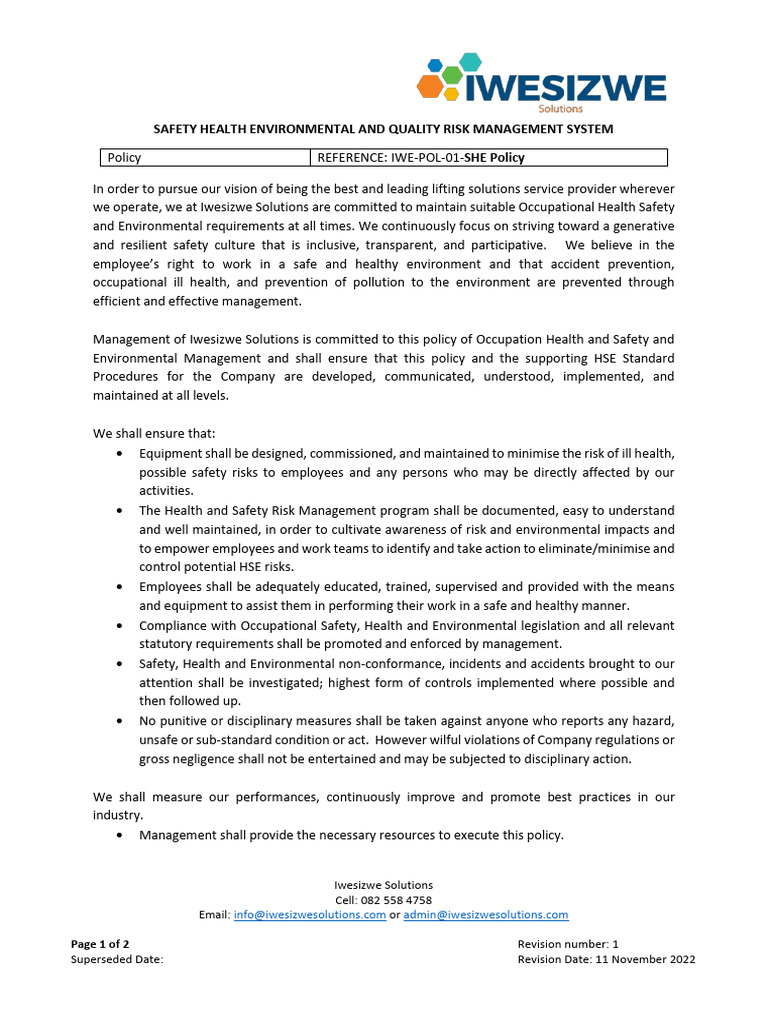 IWE-POL-01-SHE Policy Rev1 | PDF