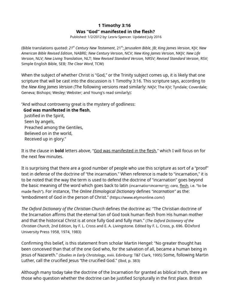 Was God Manifested In The Flesh 1 Timothy 3 16 Incarnation Christianity God The Father