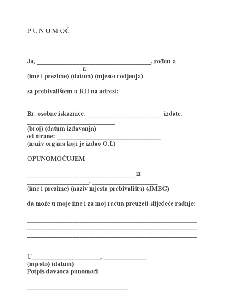 punomoć obrazac