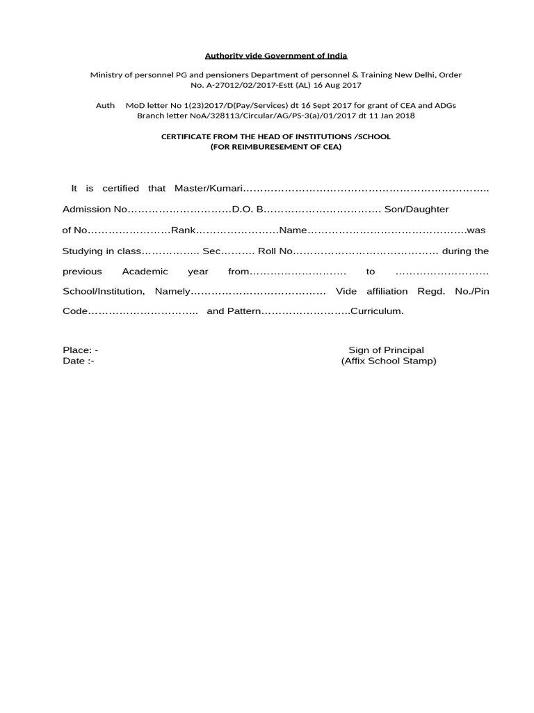 CEA Reimbursement Certificate Template | PDF