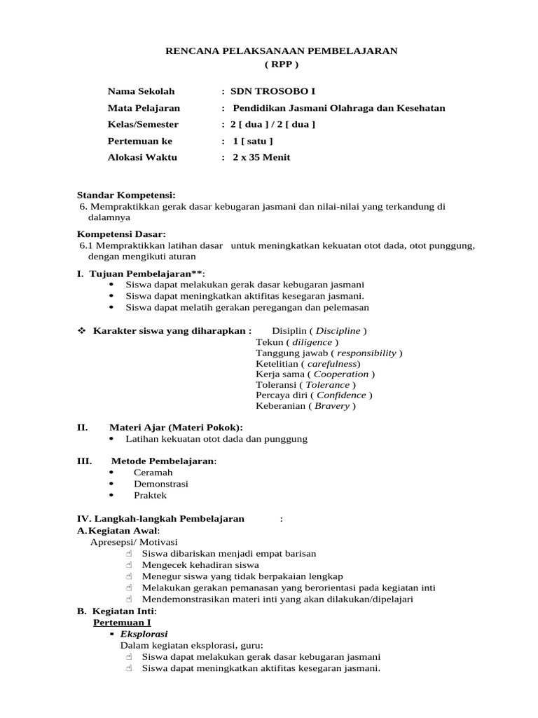 RPP Penjas Orkes Kelas 2. Semester 2 | PDF