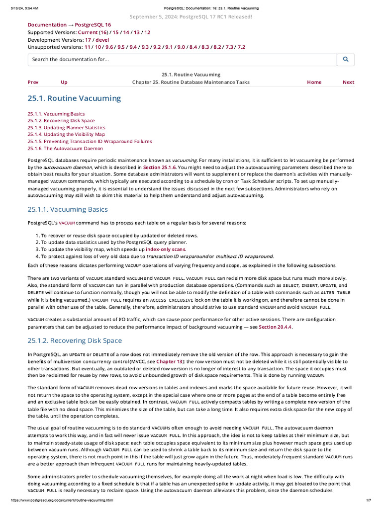 PostgreSQL - Documentation - 16 - 25.1. Routine Vacuuming | PDF