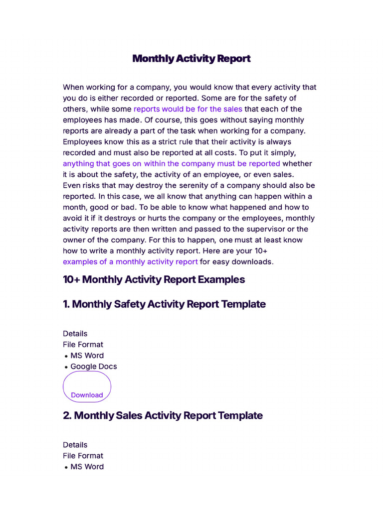 Monthly Activity Report | PDF
