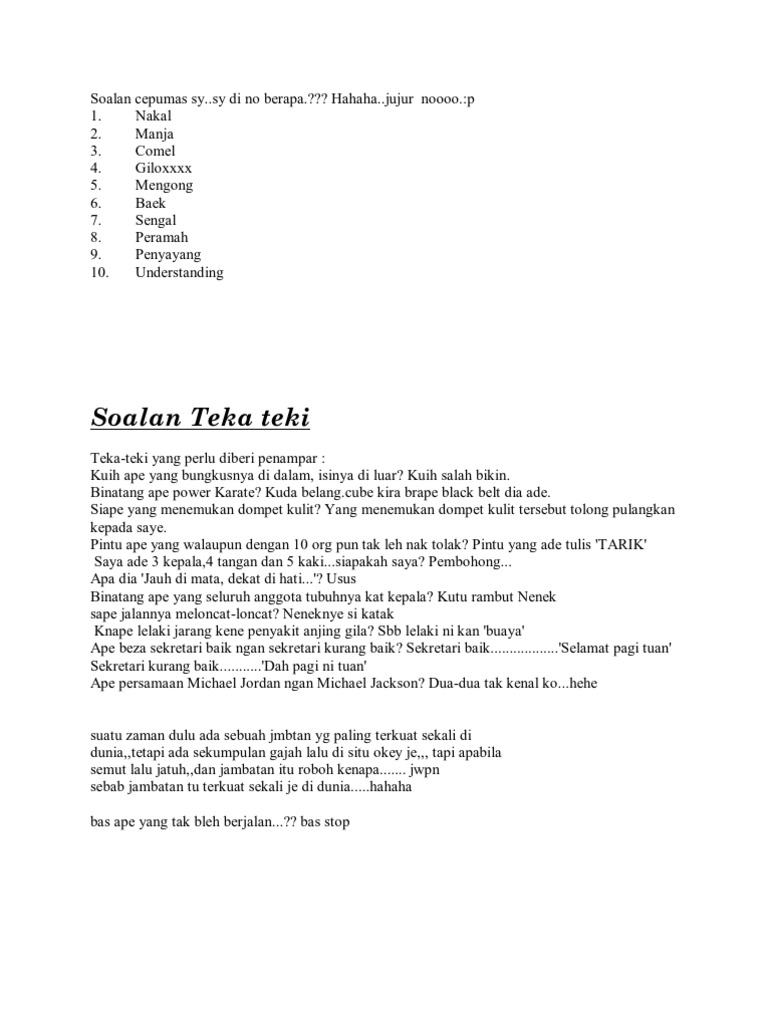 Soalan Teka Teki Pdf