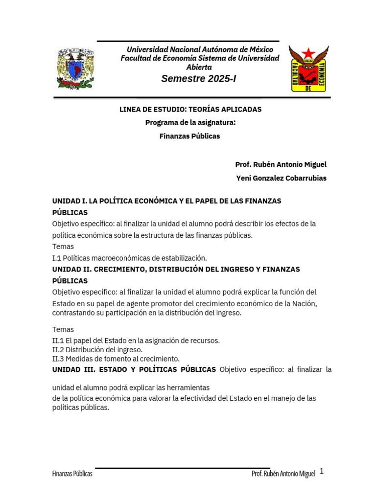 Programa SUA Finanzas Públicas - 2025-1 (Agosto 2024) .pdf-1 | PDF