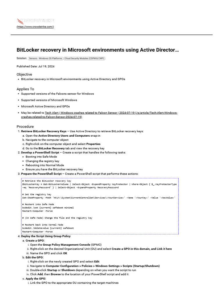 BitLocker Recovery in Microsoft Environments Using Active Directory and