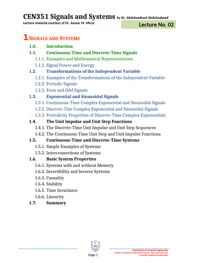 Signals and Systems Lecture 2 | PDF