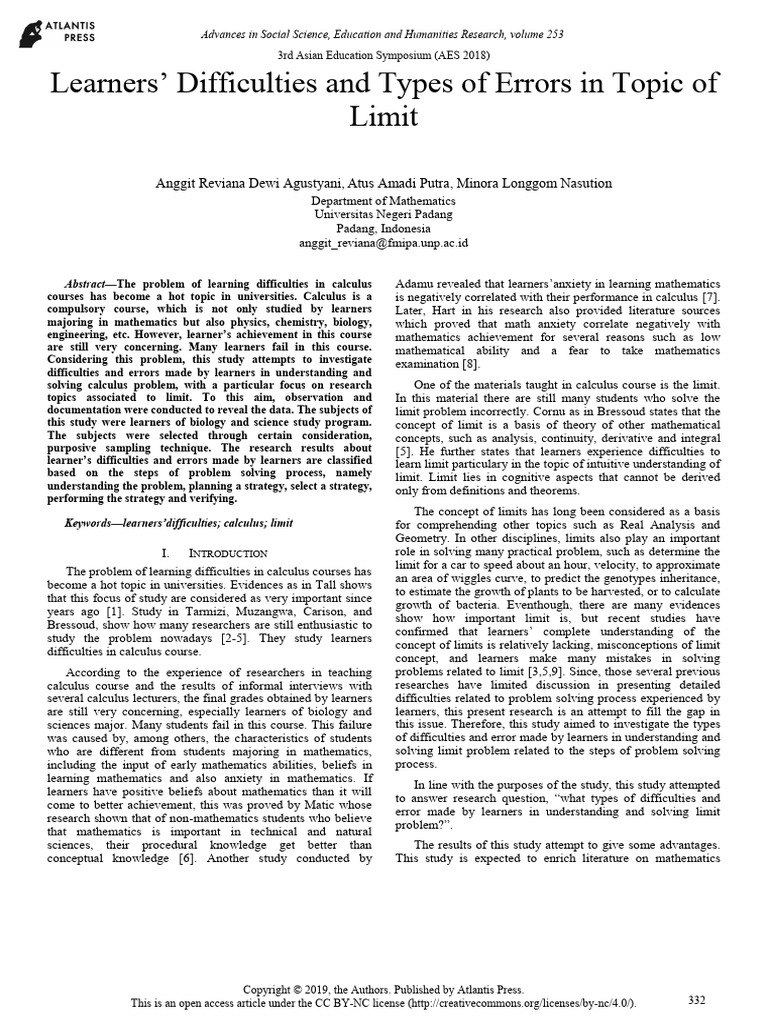 Learners' Difficulties and Types of Errors in Topic of Limit | PDF