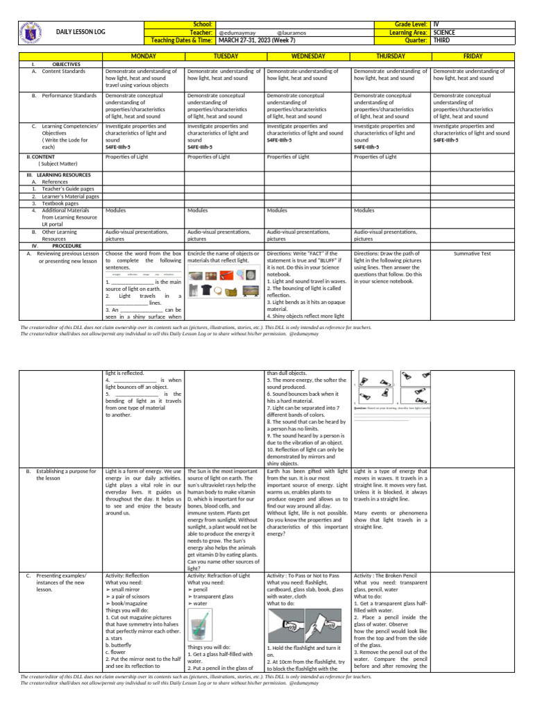 DLL - Science 4 Q3 Week 7 | PDF
