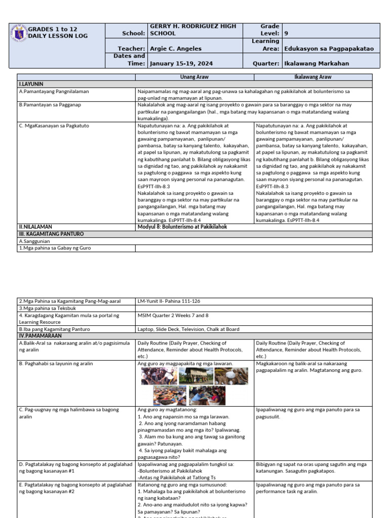 EsP9 DLL Q2 Pakikilahok at Bolunterismo | PDF