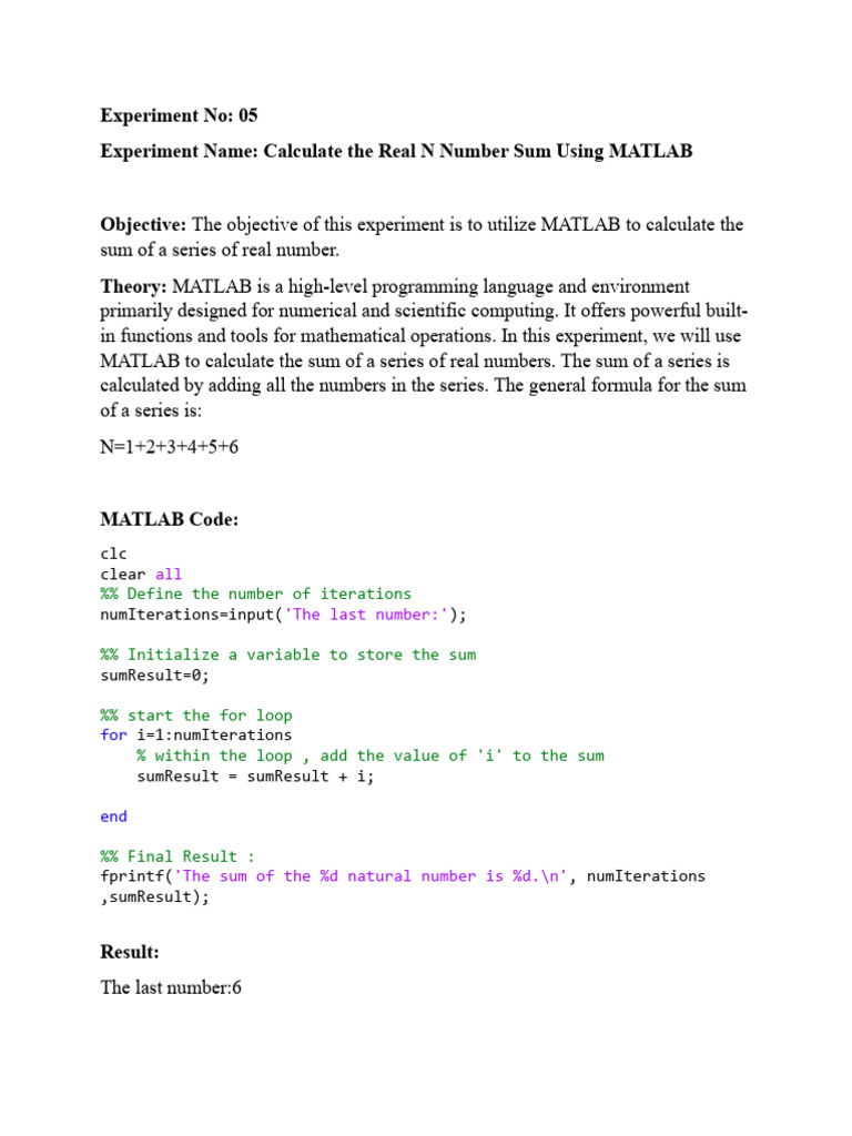 Experiment No: 05 Experiment Name: Calculate The Real N Number Sum ...