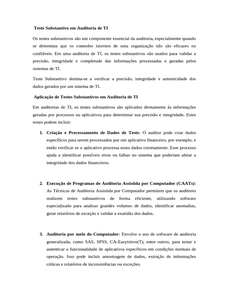 Testes Substantivos em Auditoria de TI | PDF | Tecnologia da Informação ...