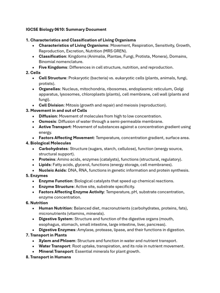 Igcse Biology 0610 Summary Pdf