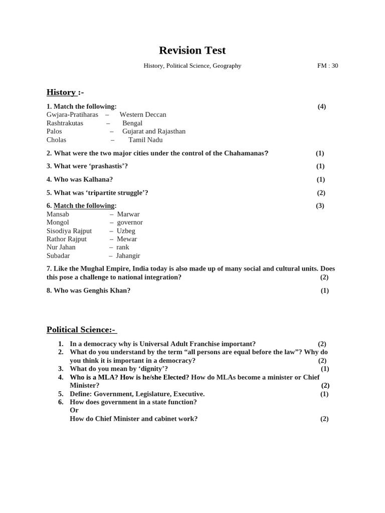 Revision Test History Civics and Pol Science | PDF
