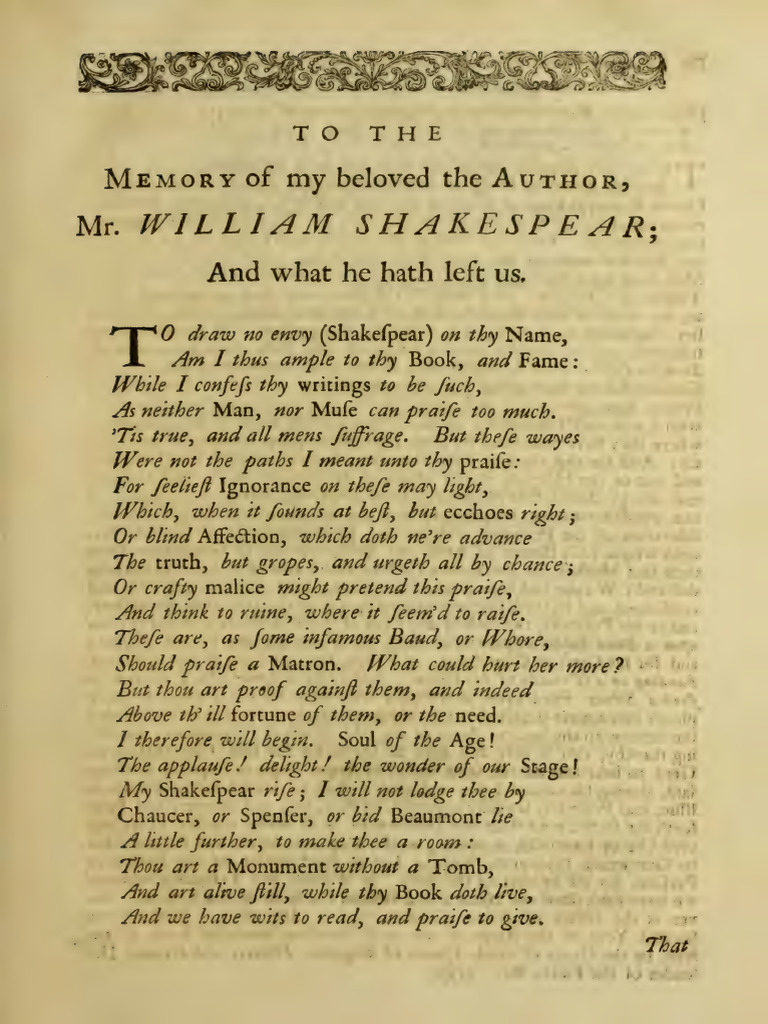 Ben Jonson On Shakespeare PDF Poetry