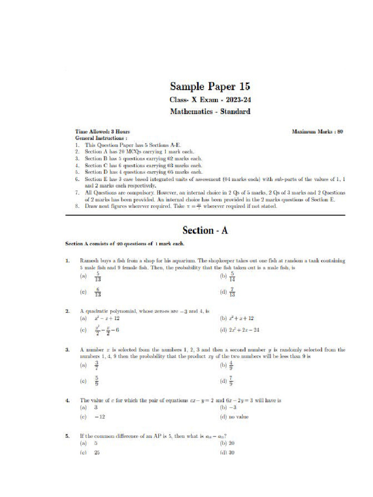 Sample Paper 15 | PDF
