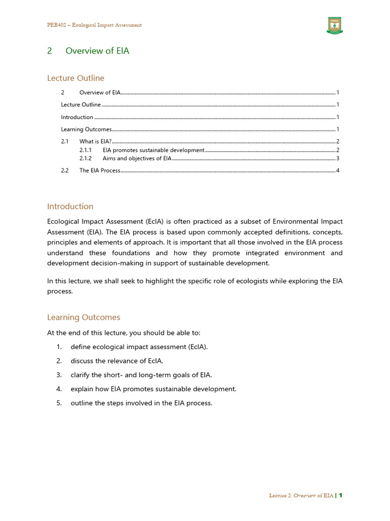 PEB402 - Lect 2 - Overview of EIA | PDF | Environmental Impact ...