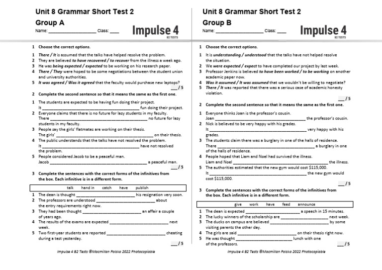 Unit 8 Grammar Short Test 2 A+B | PDF
