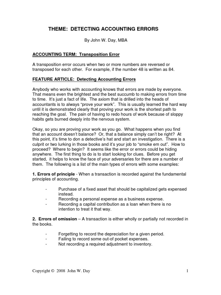Theme: Detecting Accounting Errors: ACCOUNTING TERM: Transposition Error