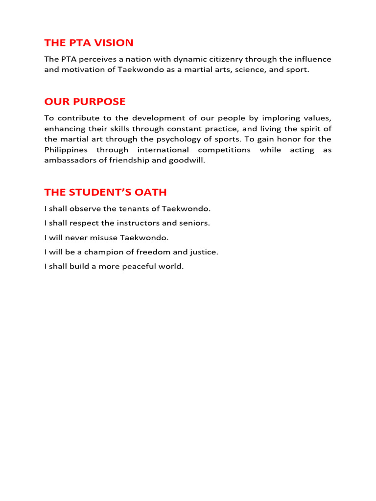 PTA Vision and Student Oath in Taekwondo | PDF | Taekwondo | Language ...