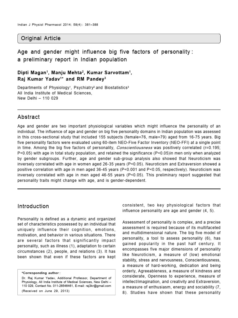 Age and Gender Might Influence Big Five Factors of Personality | PDF