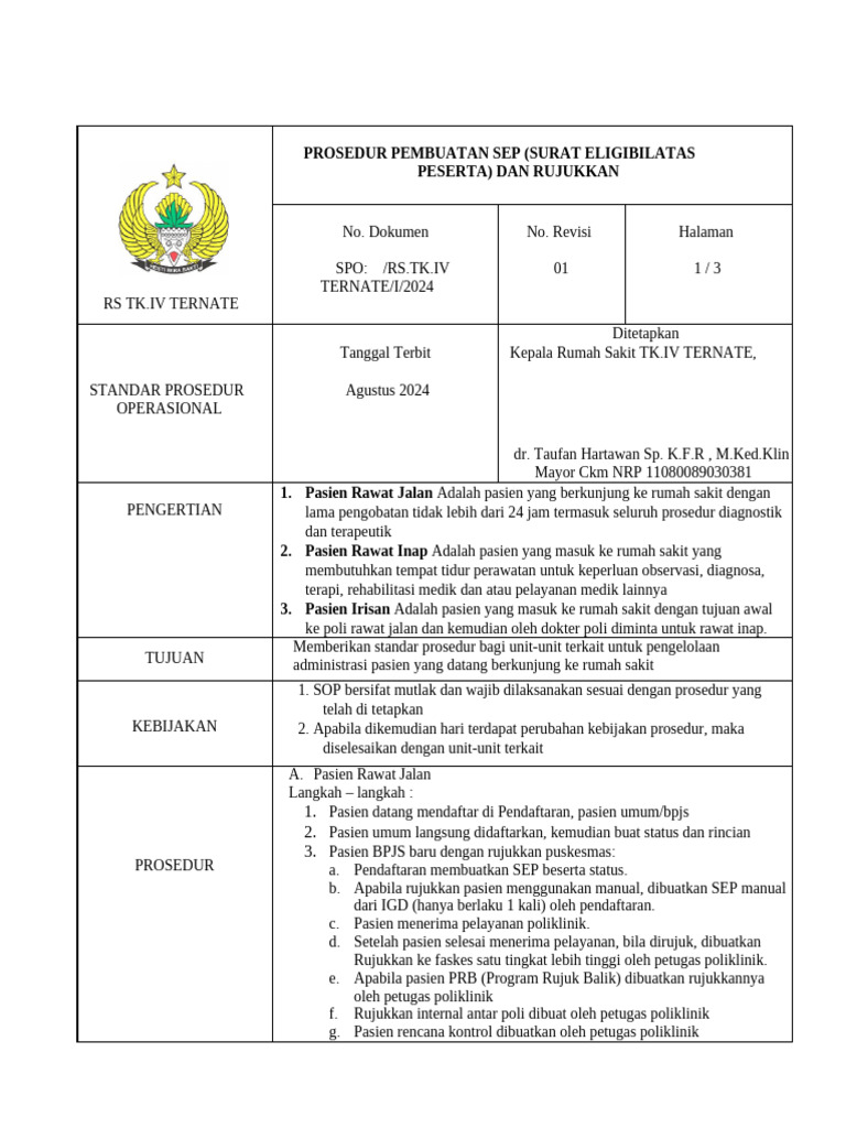 Sop Prosedur Pembuatan Sep (Surat Eligibilatas Peserta) Dan Rujukkan | PDF