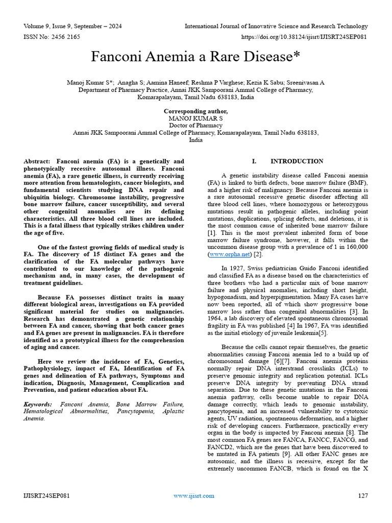 Fanconi Anemia a Rare Disease PDF Cancer Mutation