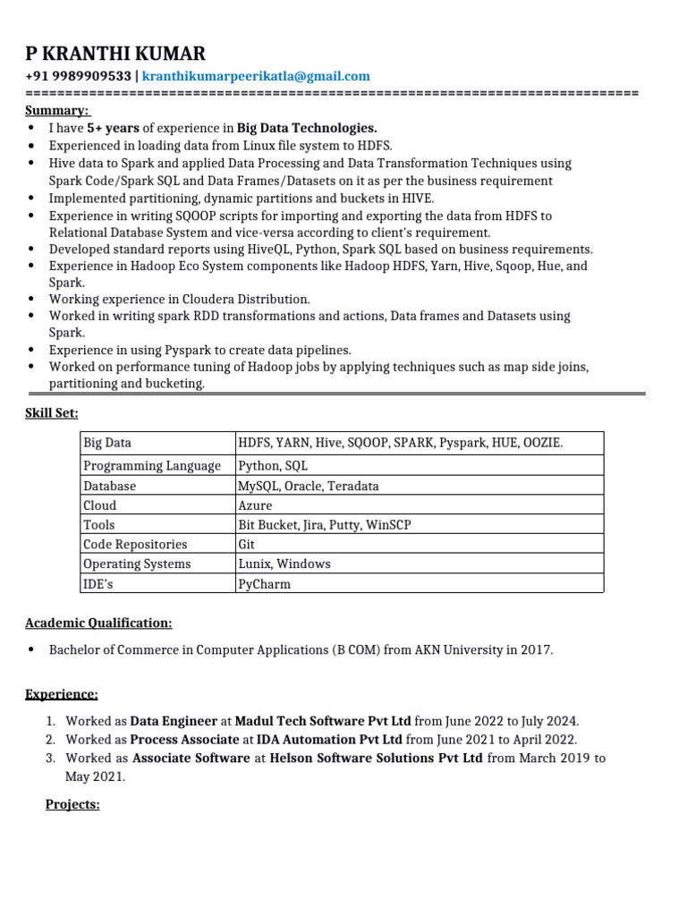 Big Data Engineer Resume Summary | PDF | Apache Spark | Apache Hadoop
