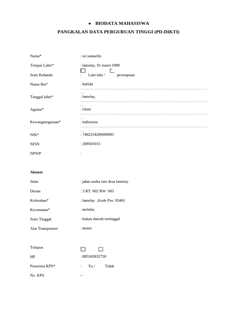 Form Biodata PD Dikti | PDF