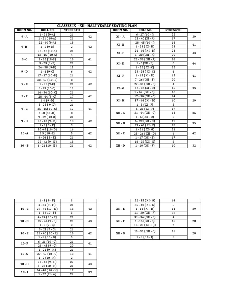HY SEATING PLAN CLASSES 9 To 12 2024 - 25 11 SEPT 24 | PDF