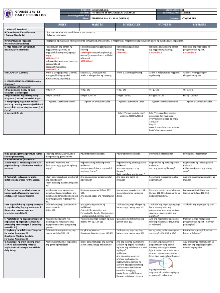 DLL - Science 3 - Q3 - W4 | PDF
