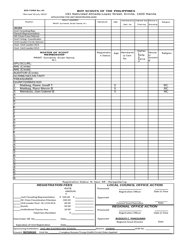 BSP Unit Registration Application Form | PDF | Boy Scouts Of America ...