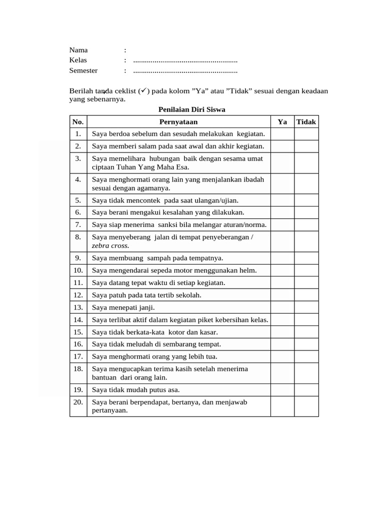 Format Penilaian Diri Siswa Pdf