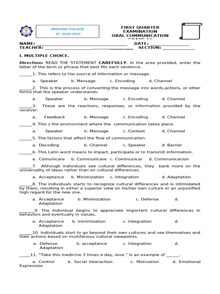 Grade 11 Oral Communication Exam Q1 | PDF | Communication | Social Science