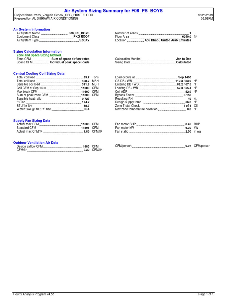 Air System Sizing Summary For F08 - PS - BOYS | PDF