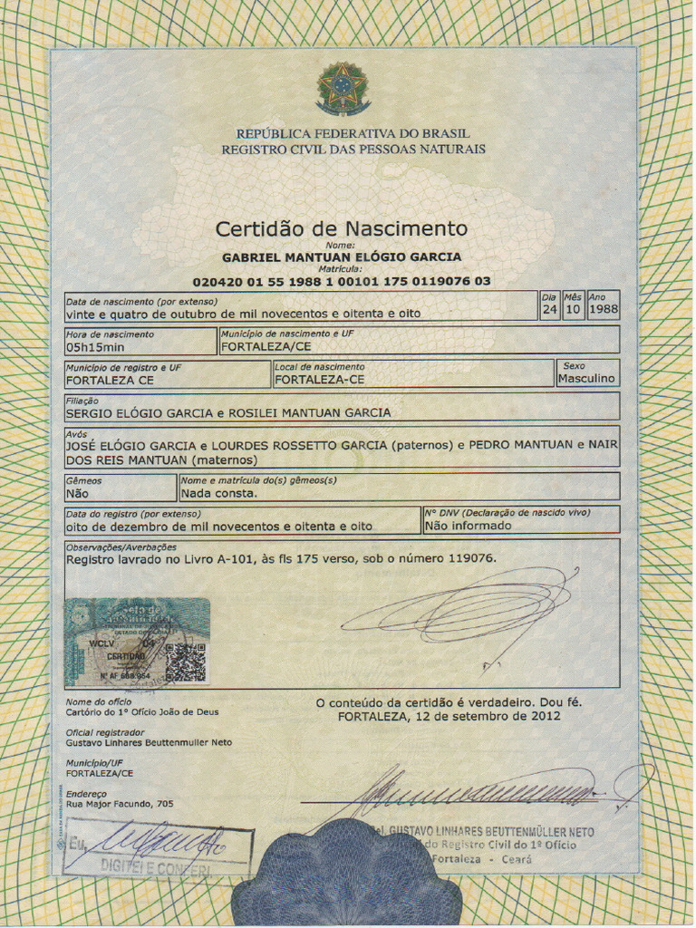 Certidão de Nascimento Gabriel | PDF