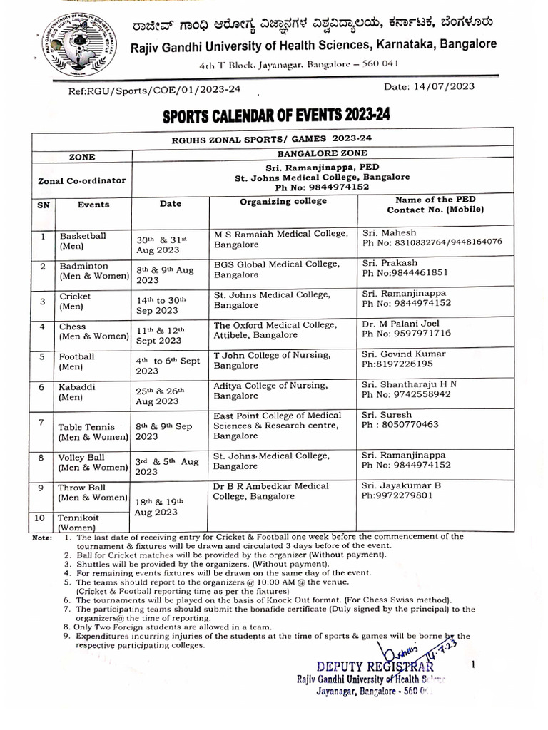 Rguhs Sports Calendar of Events For The Year 202324 PDF PDF