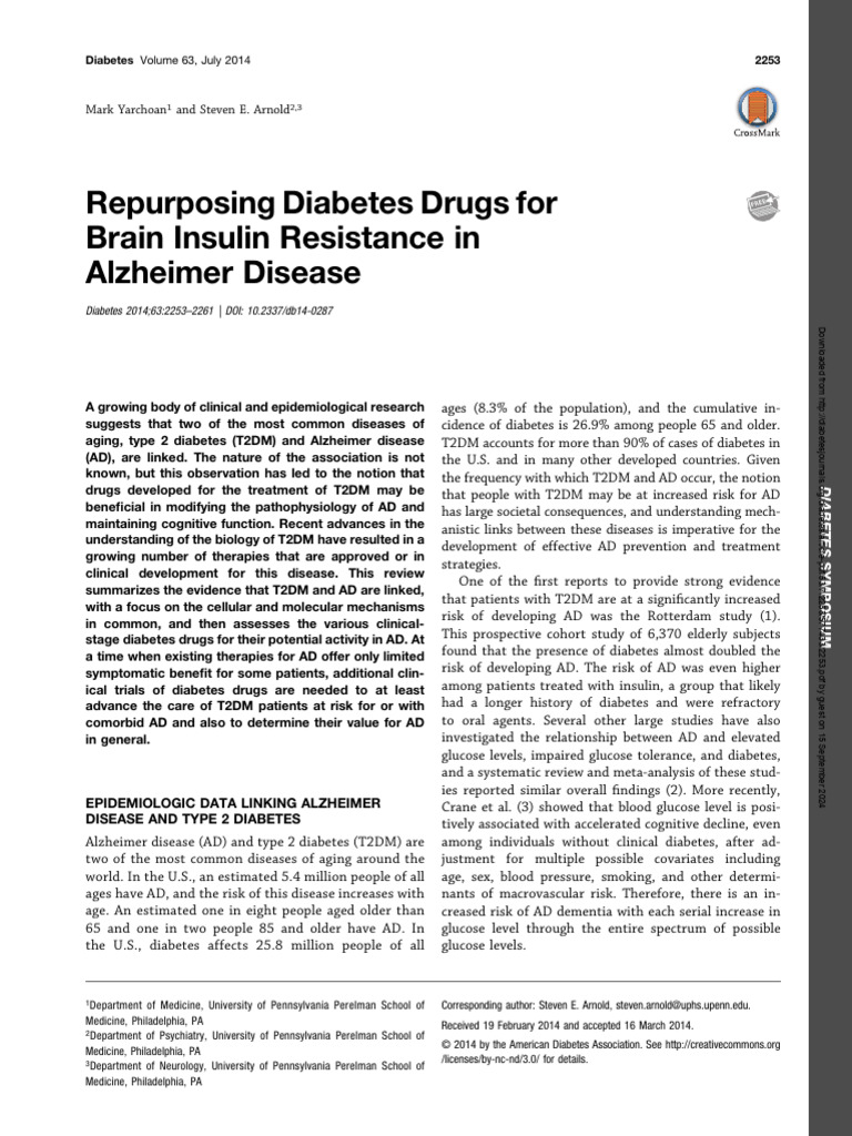 Repurposing Diabetes Drugs For Brain Insulin Resistance in Alzheimer ...
