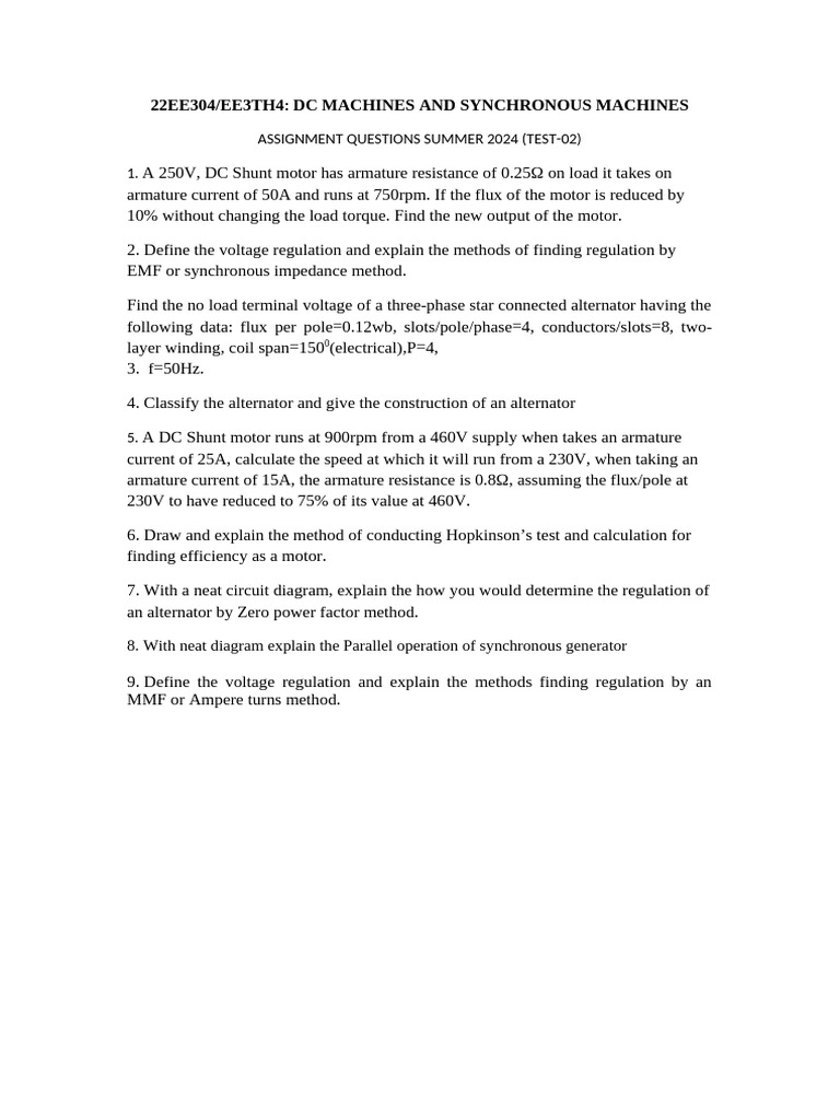 DC and Synchronous Machines Assignment | PDF