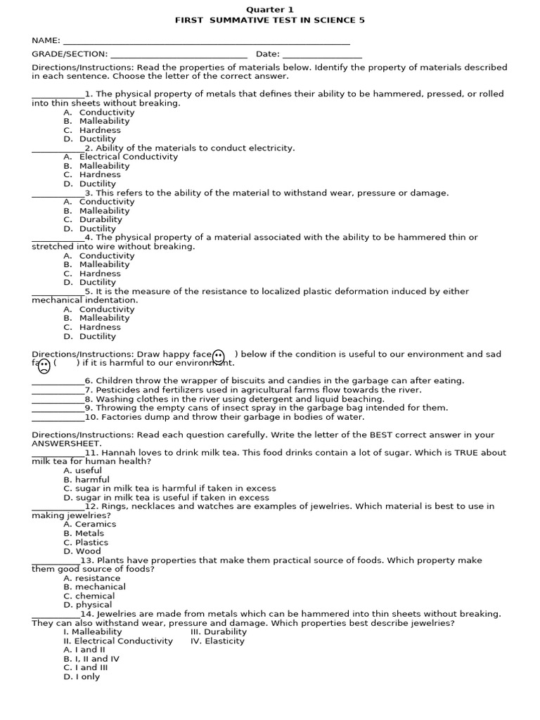 1ST Summative Test in Science 5-Q1 | PDF