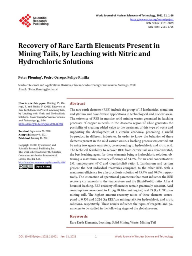 Recovery of Rare Earth Elements Present in Mining | PDF