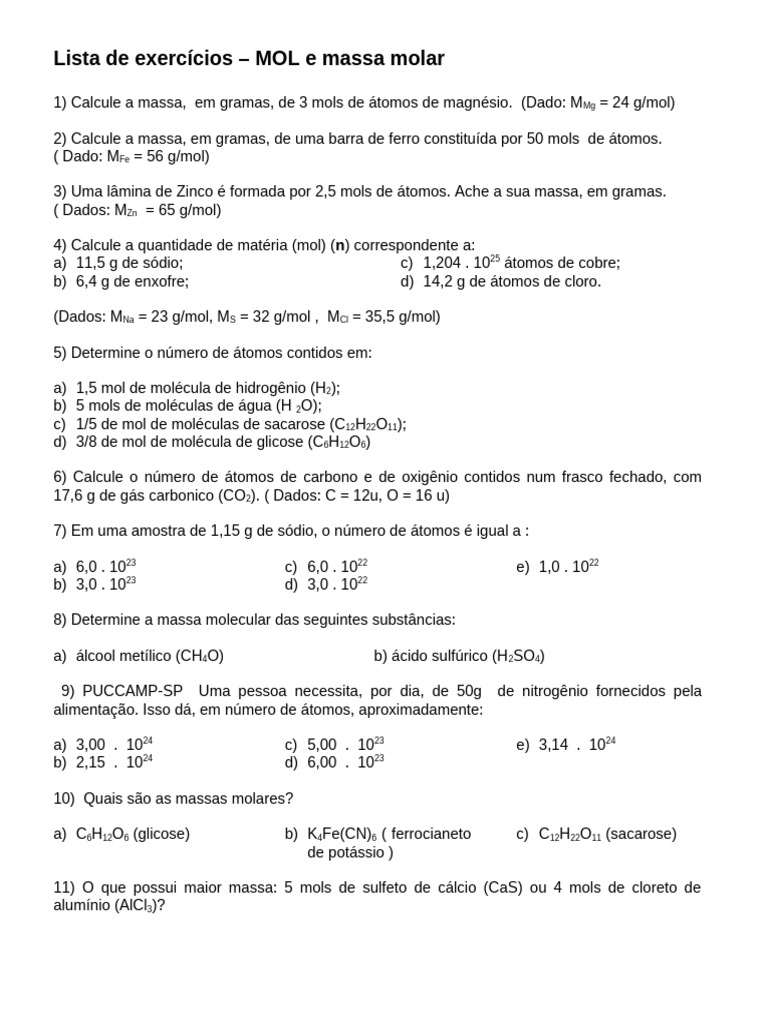 Exercícios sobre Mol e Massa Molar | PDF | Mol (unidade) | Métodos e ...
