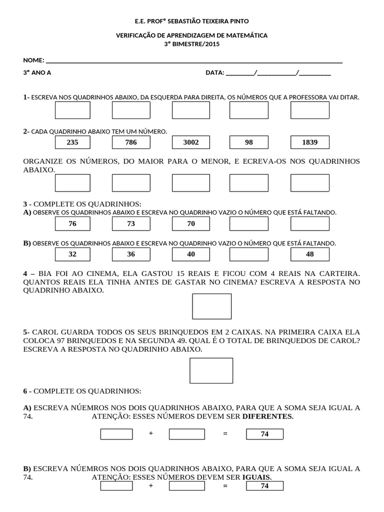 Avaliação de Matematica 3º Ano - Matemática | PDF
