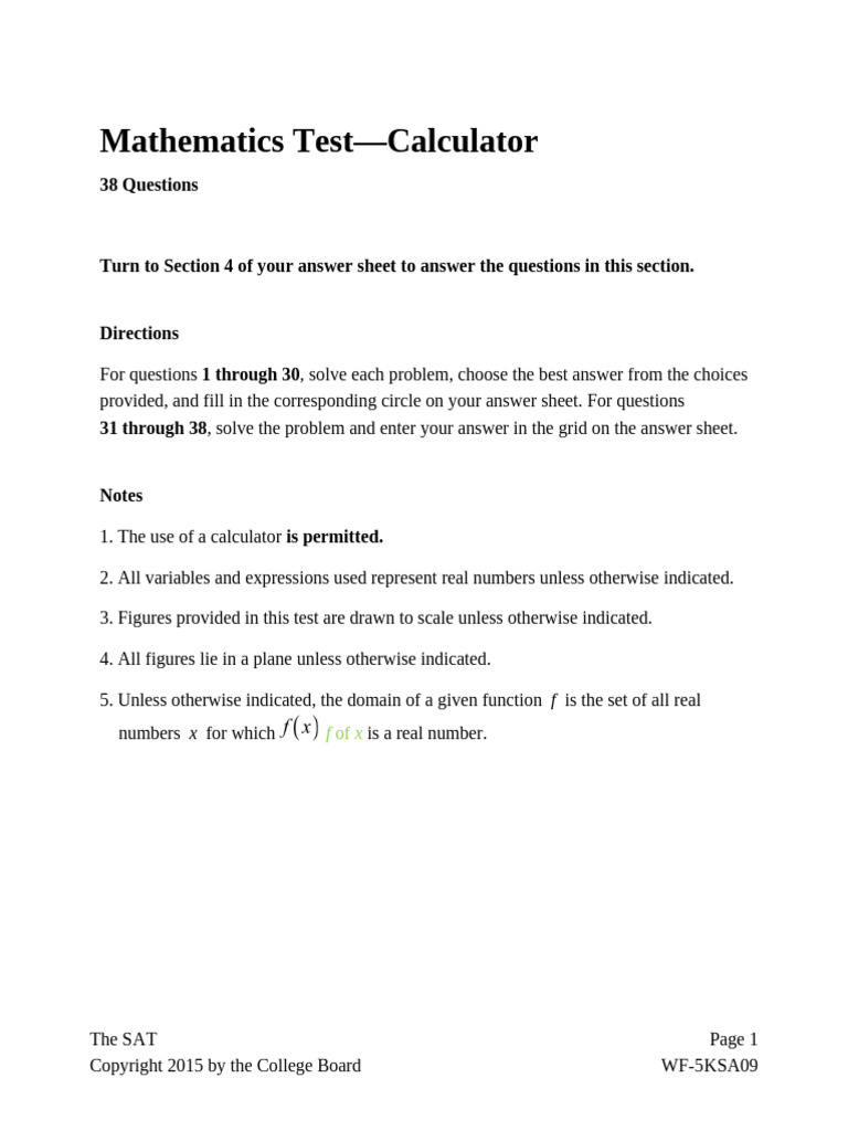 Sat Practice Test 1 Math Calculator Assistive Technology | PDF