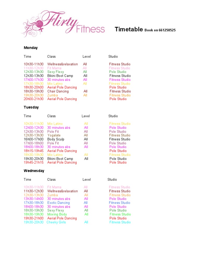 Weekly Fitness Class Timetable | PDF