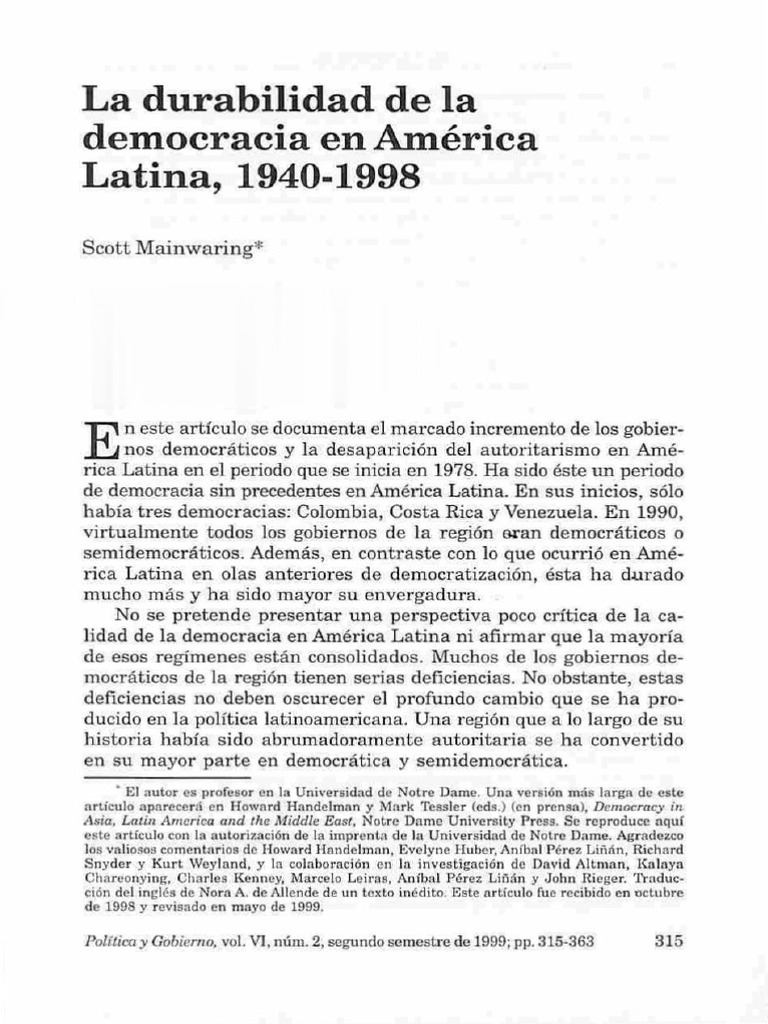 La Durabilidad de La Democracia en América Latina. Scott Mainwaring | PDF