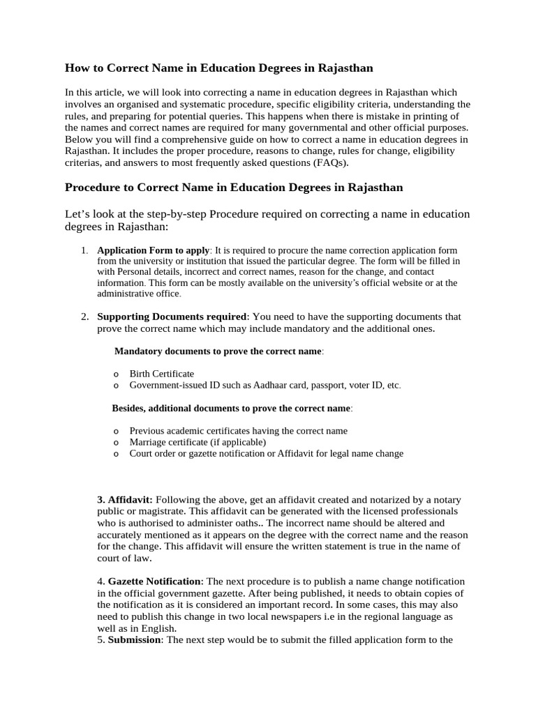 How to correct name in education degrees in rajasthan pdf