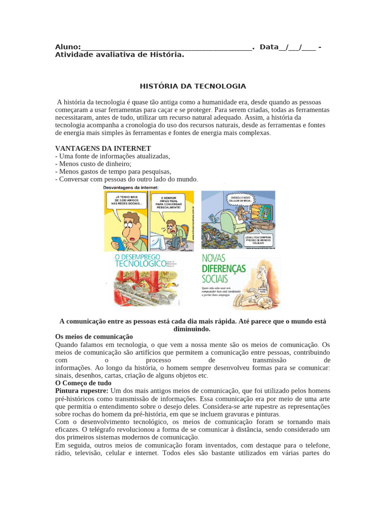 TEXTO +ATIVIDADE HISTÓRIA DA TECNOLOGIA 5 ANO | PDF